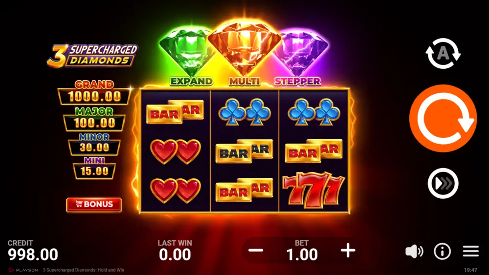 3 Supercharged Diamonds Hold and Win Bonus Game with Bonus Diamonds on Reels 1 and 3, Collect Diamond on Reel 2, and respin counter visible