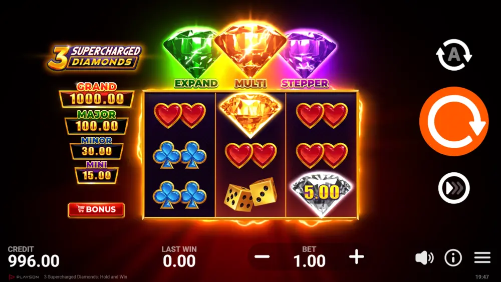 3 Supercharged Diamonds Expand Feature showing expanded 3x5 grid during Bonus Game