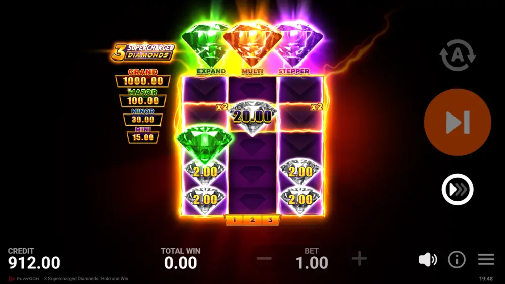 3 Supercharged Diamonds Extra Diamonds Feature activation in Main Game with additional Diamonds appearing on reels