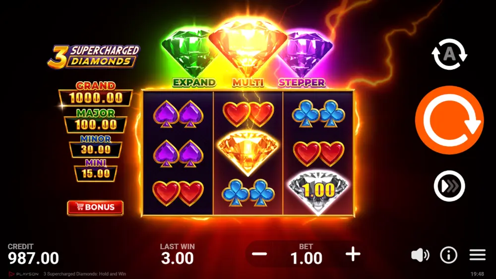 3 Supercharged Diamonds Multi Feature with x2, x4, x8 multiplier cells on Reels 1 and 3, Bonus Diamond on a multiplier cell