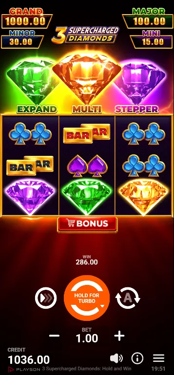 3 Supercharged Diamonds base game - full 3x3 grid with green, yellow, violet Special Diamond counters above reels, Wild 777 and card suit symbols visible