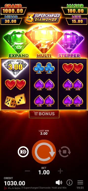 3 Supercharged Diamonds Bonus Game trigger - Diamond symbols landing on all three reels simultaneously