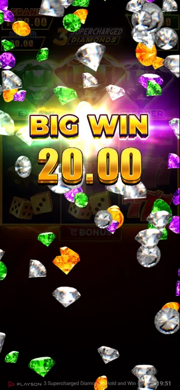 3 Supercharged Diamonds Expand Feature - extended 3x5 grid during Bonus Game with multiple Bonus Diamonds on Reels 1 and 3, Collect Diamond on Reel 2