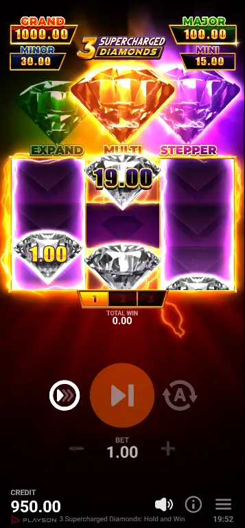 3 Supercharged Diamonds Grand Jackpot Diamond ($1,000) - close-up of jackpot Diamond highlighted on the reel