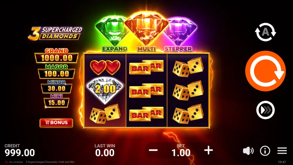 3 Supercharged Diamonds UI showing Special Diamond counters, respin counter, and multiplier cells