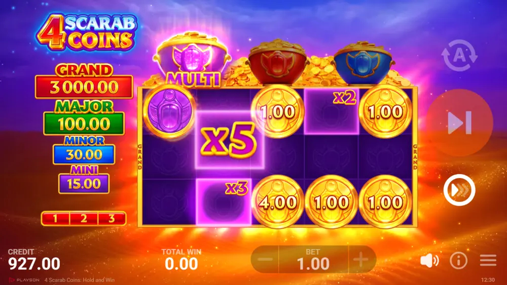 4 Scarab Coins bonus game start with 3 respins and scarab pots active
