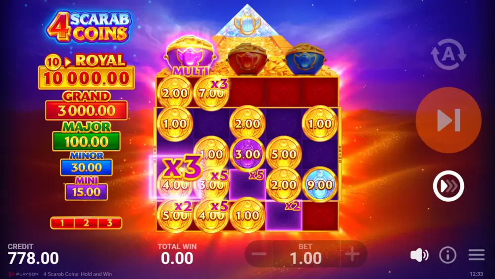 4 Scarab Coins Royal Bonus Game 5x5 grid with Royal Jackpot progress