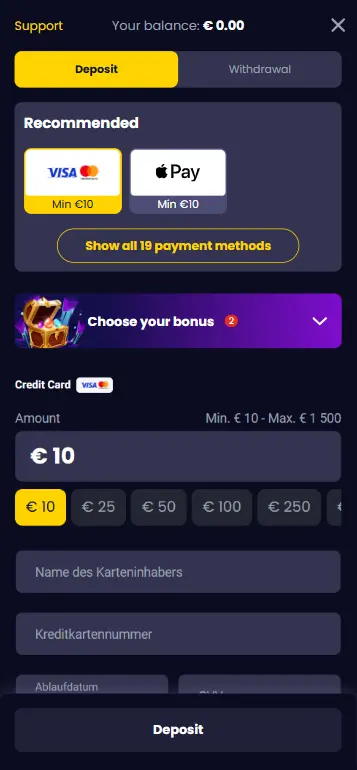 Deposit funds in USD at online casino