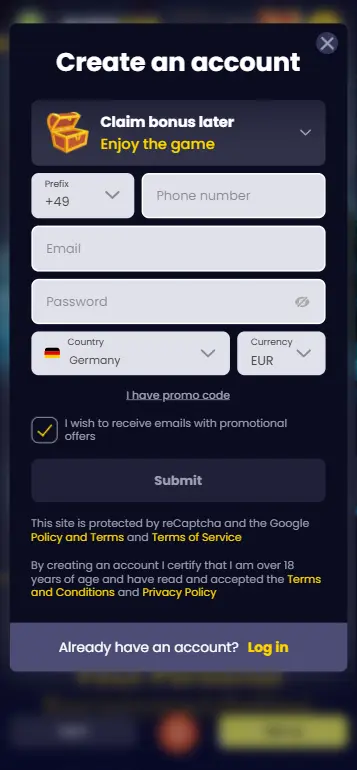Registering and verifying an account at an online casino