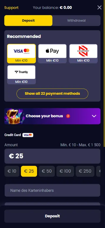 Making a USD deposit at an online casino cashier