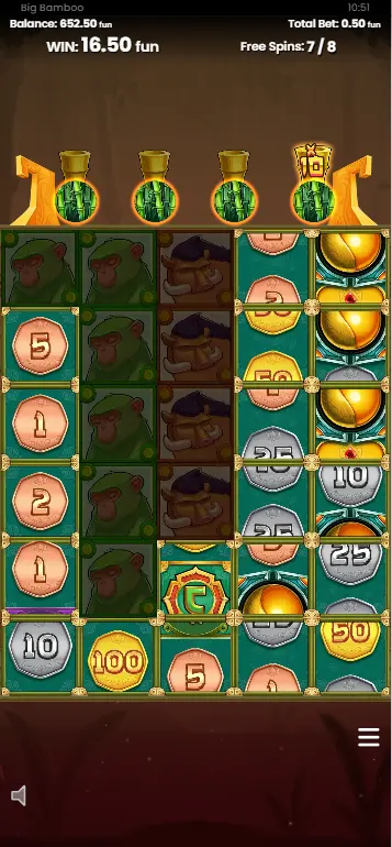 Big Bamboo free spins active with Scatter counter and conversion meter partially filled