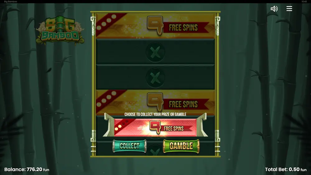 Big Bamboo Gamble Wheel active showing sector options including No Prize