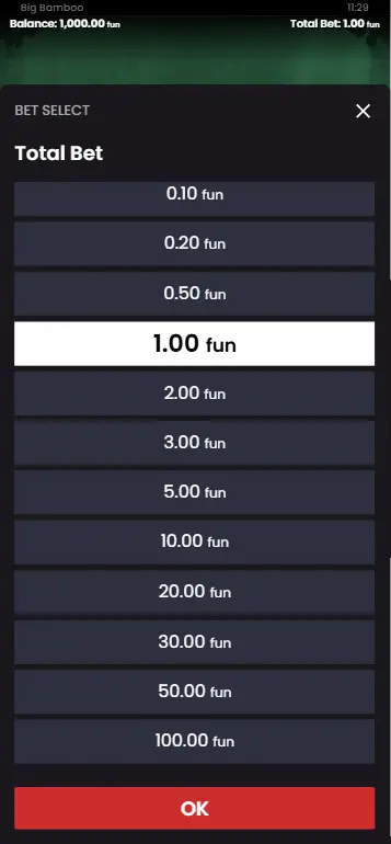 Big Bamboo bet settings panel with stake adjustment controls