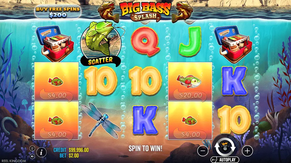 Big Bass Splash base game full view with Fisherman and Fish money symbols on the reels
