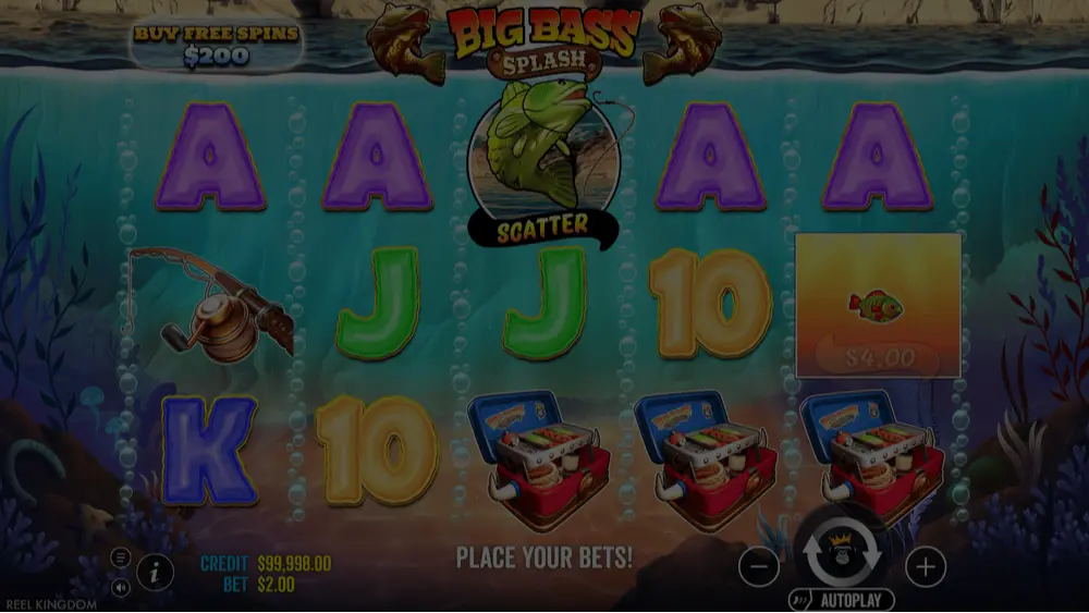 Big Bass Splash slot demo window showing Fisherman and Fish money symbols on reels