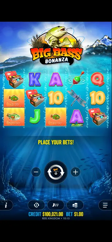 Big Bass Bonanza Basisspiel – mobile Ansicht mit Fisch-Geldsymbolen auf den Walzen