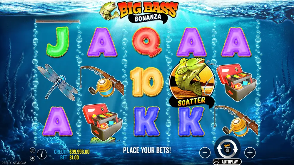 Big Bass Bonanza Basisspiel – 5x3-Walzenfeld mit Angelthema und Fisch-Geldsymbolen