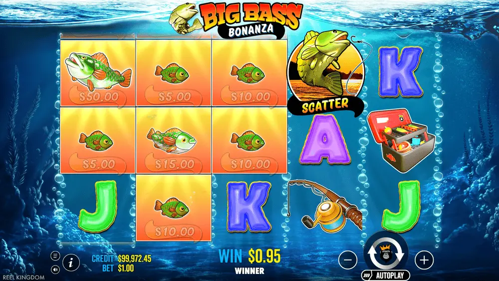 Big Bass Bonanza Fisch-Geldsymbole mit Geldwerten auf den Walzen