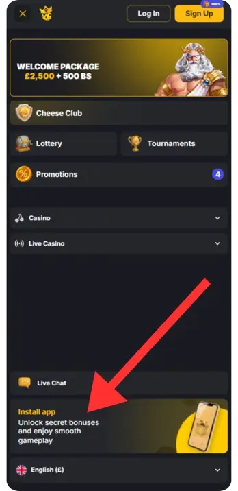 Casino website showing the Android app download button