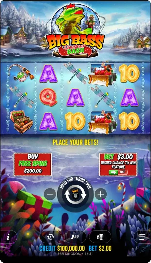 Base game screenshot showing 5x3 reels positioned on a frozen lake with snow-covered trees in the background, underwater Christmas lights visible through the ice, and festive symbols on the reels