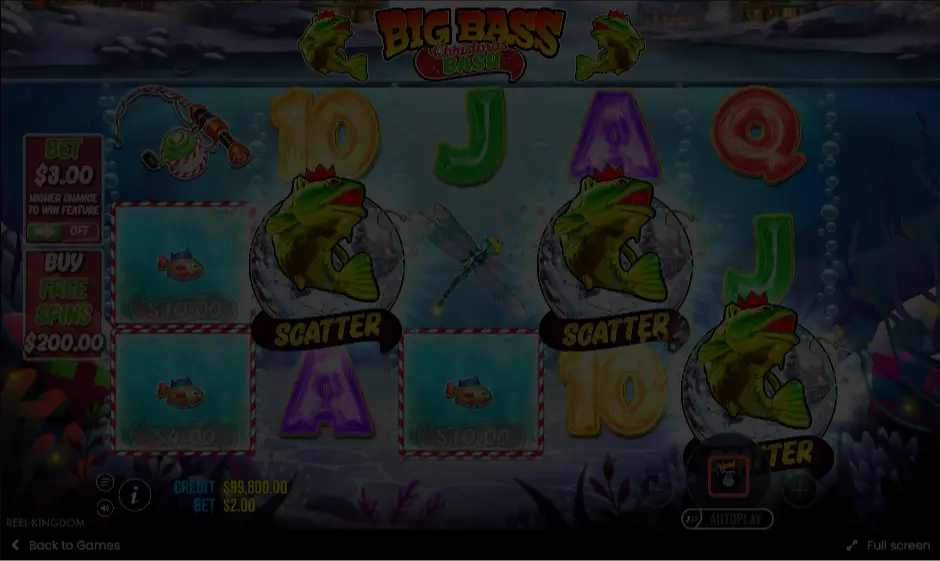Big Bass Christmas Bash game window showing frozen lake backdrop with 5x3 reels and festive symbols