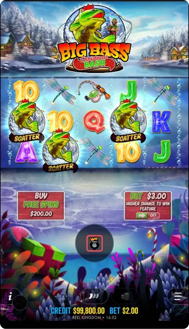 Game screen showing three scatter symbols landing on reels with a fishing hook pulling down the middle reel to reveal the triggering scatter