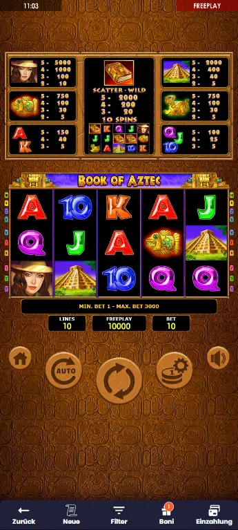 Einsatz einstellen und Book of Aztec um echtes Geld spielen