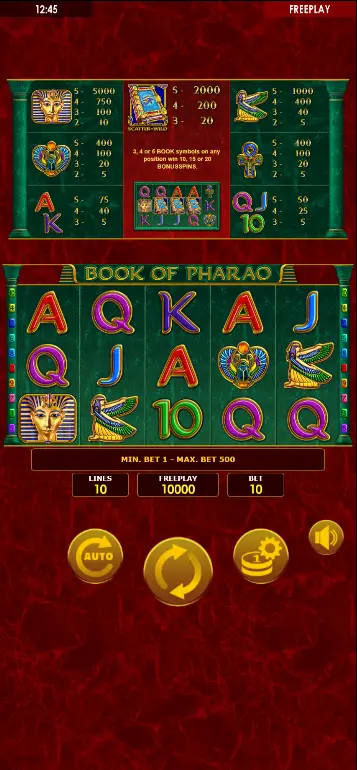 Einsatz festlegen und Book of Pharao spielen