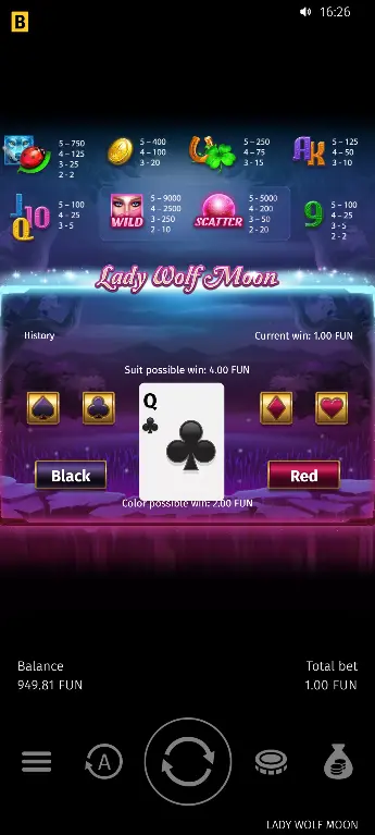 Gamble-Runde mit verdeckter Karte und Farbwahl-Schaltflächen