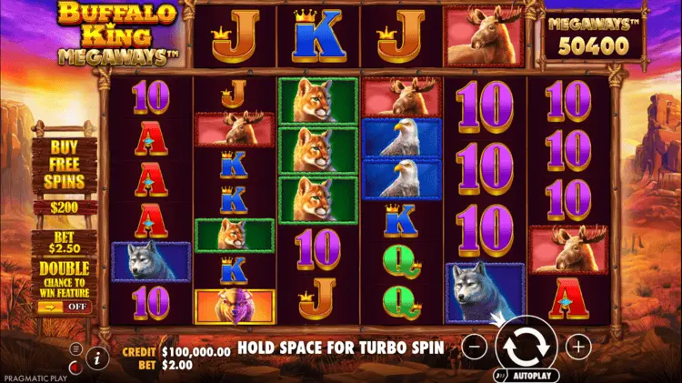 Buffalo King Megaways slot base game showing prairie sunset with mountain backdrop