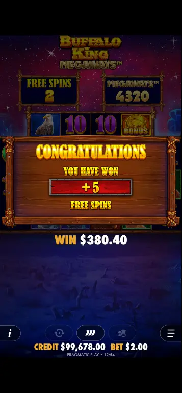 Buffalo King Megaways slot big win celebration screen showing total payout
