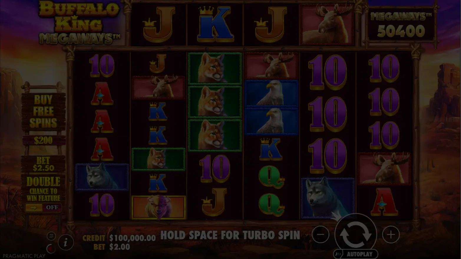 Buffalo King Megaways slot demo game window showing prairie sunset and wildlife symbols