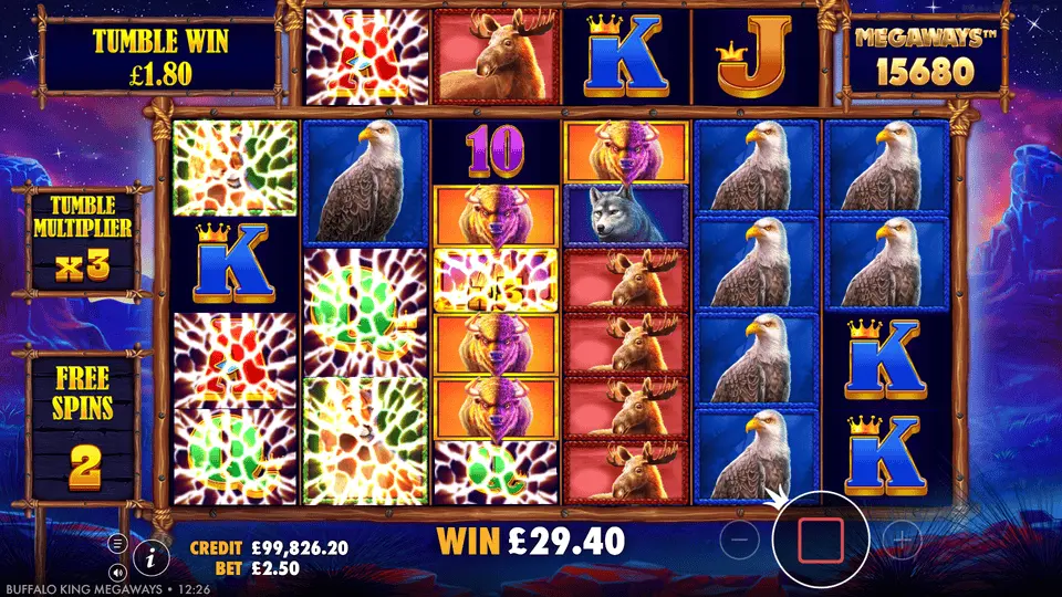 Buffalo King free spins showing multiplier wild symbols and cascade multiplier meter during bonus round