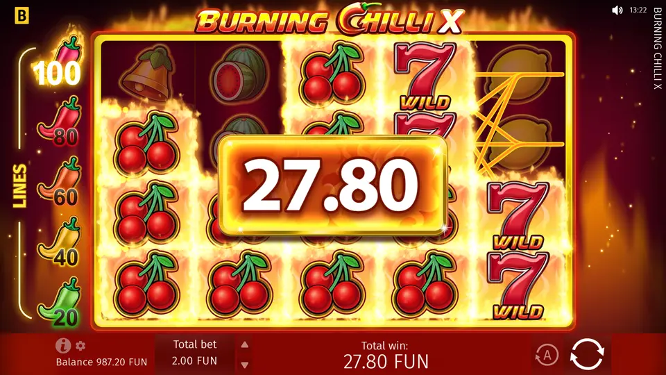 Burning Chilli X slot reels with Flaming 7 Wild in winning combination