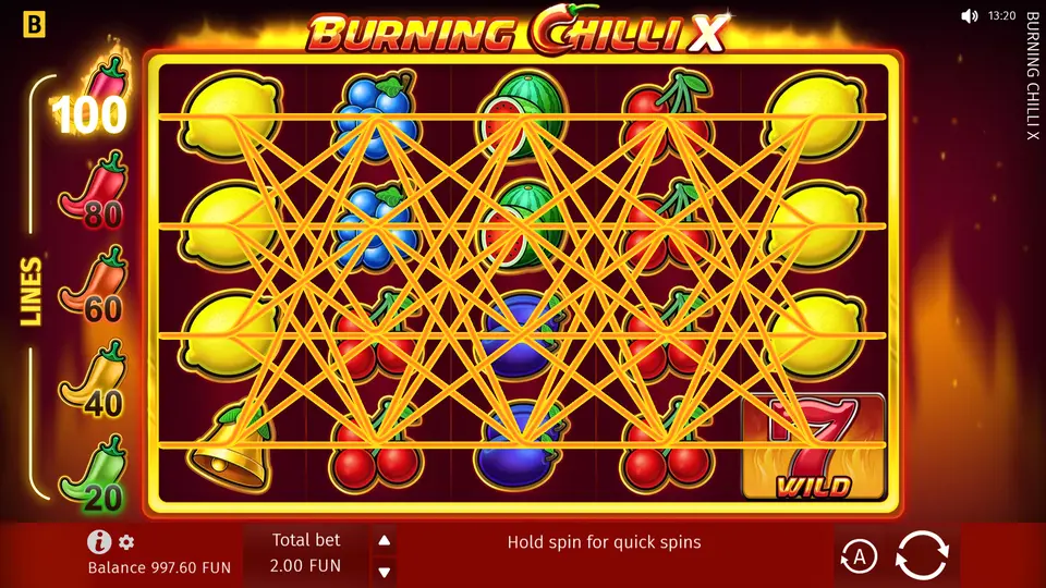 Burning Chilli X adjustable lines selector showing 100 active paylines