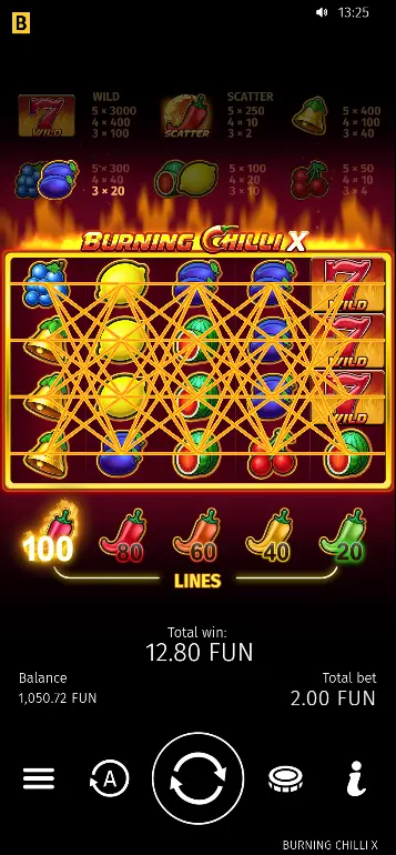 Burning Chilli X adjustable lines selector showing 100 active paylines