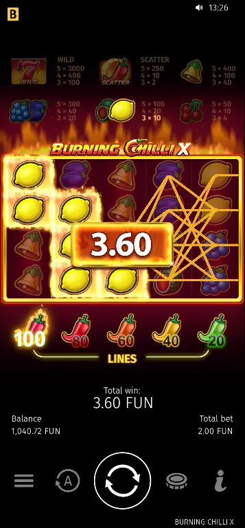 Burning Chilli X winning combination with active payline highlighted and Total Win displayed