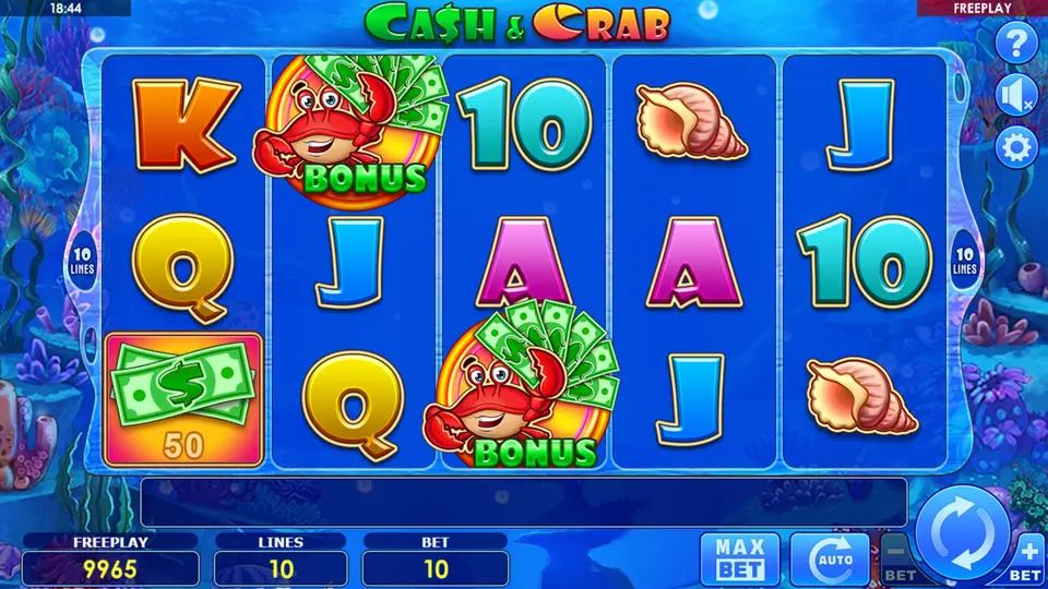 Cash and Crab slot base BONUSSPIN round with CRAB Counter showing early count and standard symbols on reels