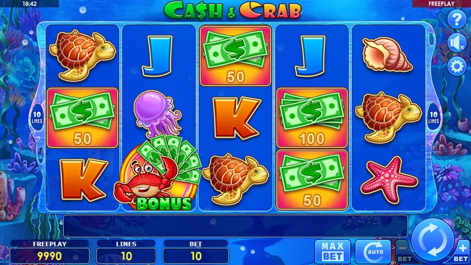 Cash and Crab slot base game full grid showing all sea creature symbols on the reels