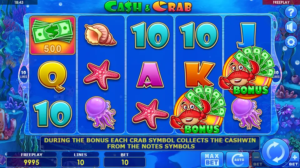 Cash and Crab slot BONUSSPIN round with CRAB Wild symbols and CRAB Counter visible in the interface