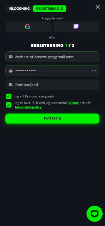 Registreringsformulär med BankID för Cash Eruption spela