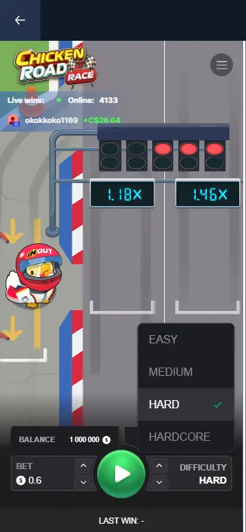 Chicken Road Race difficulty selection menu showing four levels