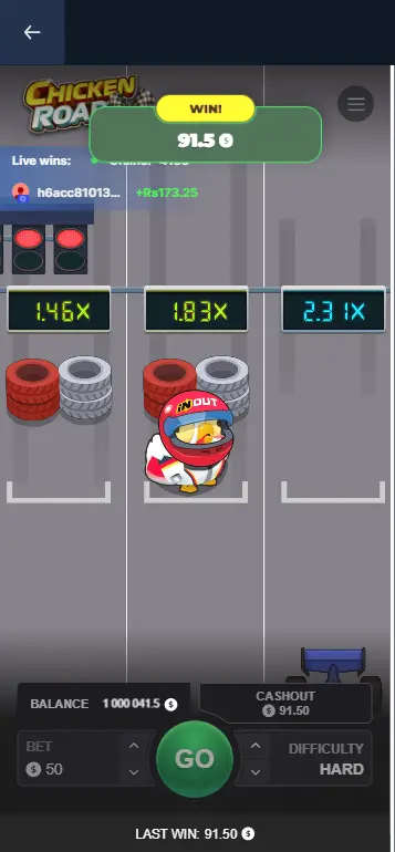 Chicken Road Race mid-race gameplay with chicken and racing cars