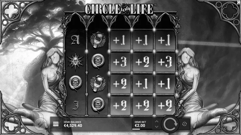 Circle of Life slot spreading FS symbols expanding across reels showing spin values