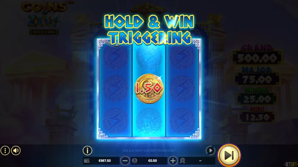 ZEUS BONUS collector symbol locking in place during Hold & Win Feature in Coins of Zeus slot