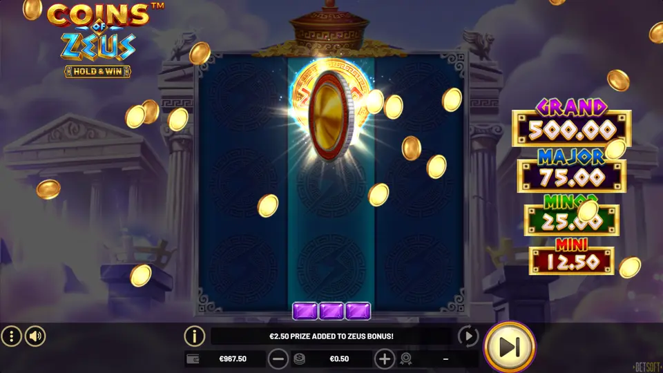 Gift of the Gods mechanic activating in Coins of Zeus base game with bonus symbol injection replacing existing symbols