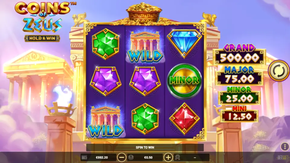 MINOR BONUS symbol with accumulated prize visible during Coins of Zeus respin round