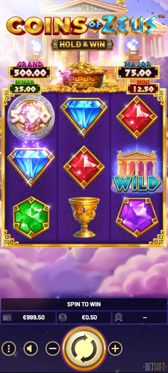 Coins of Zeus base game showing full 3x3 grid with Temple Wild, Pegasus, Golden Lyre, and gem symbols alongside betting UI