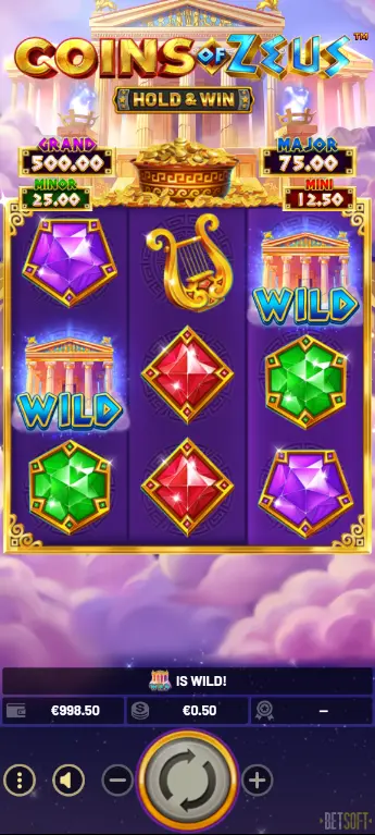 BONUS symbols on Reels 1 and 3 with ZEUS BONUS on Reel 2 appearing in Coins of Zeus base game before feature trigger
