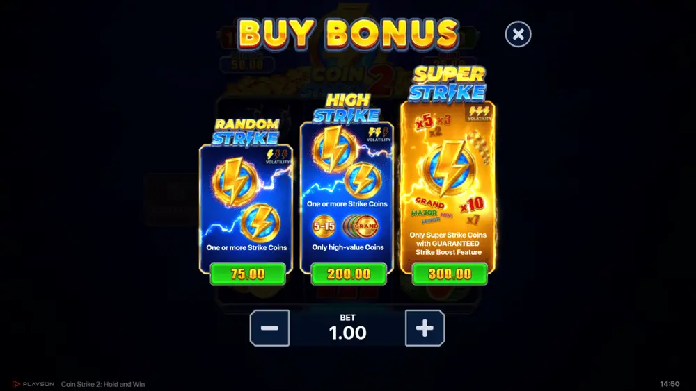 Bonus buy menu with 3 options presented: Random Strike, High Strike, Super Strike